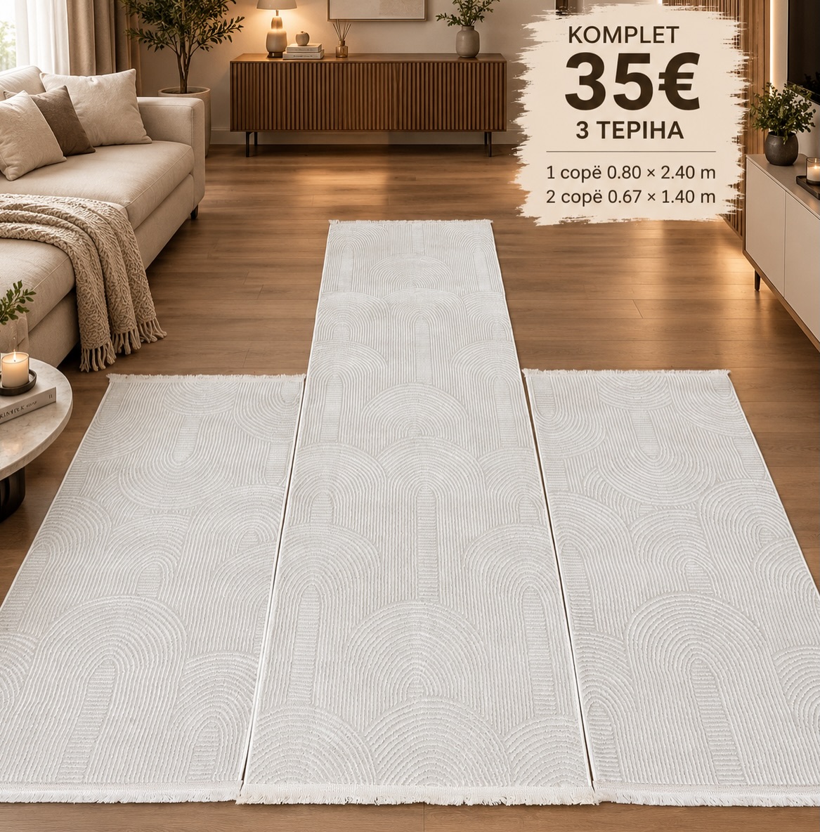 Set tepihash 3 pjesë krem për dhomë gjumi – Tepiha HadiHome (2)