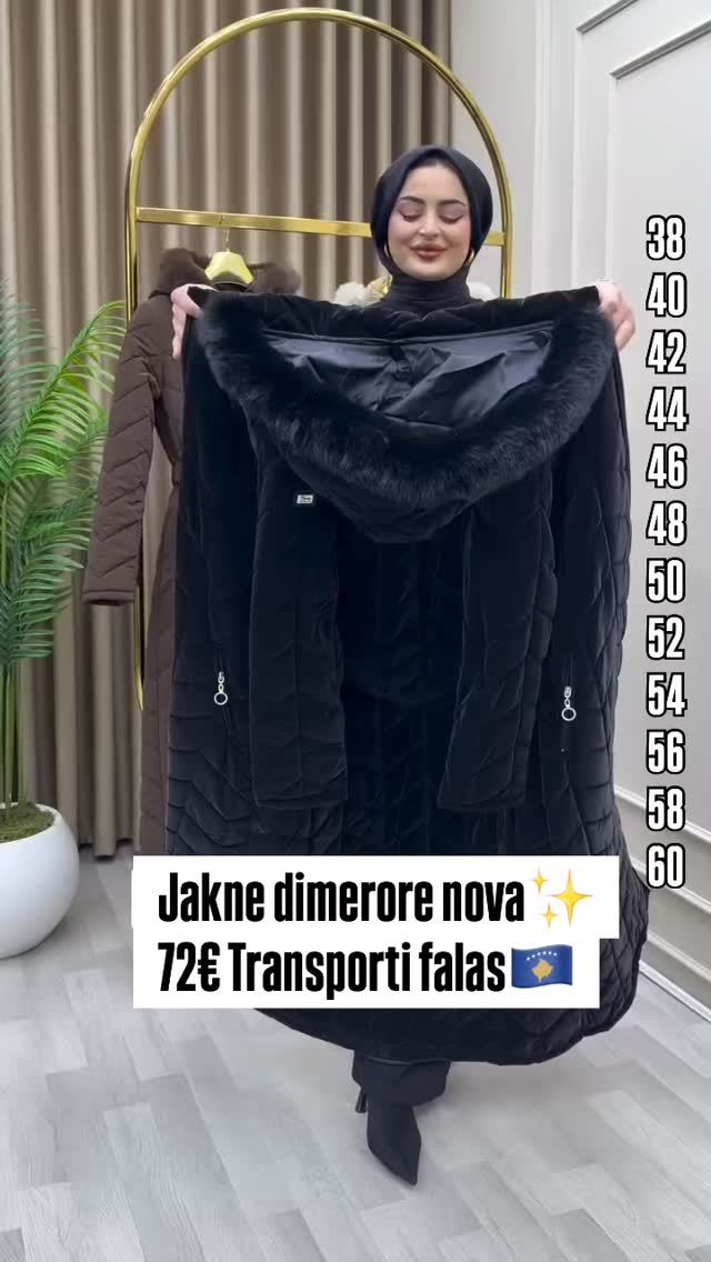 Jakne e gjatë dimri e zezë me gëzof – SaraShop Veshje Islame