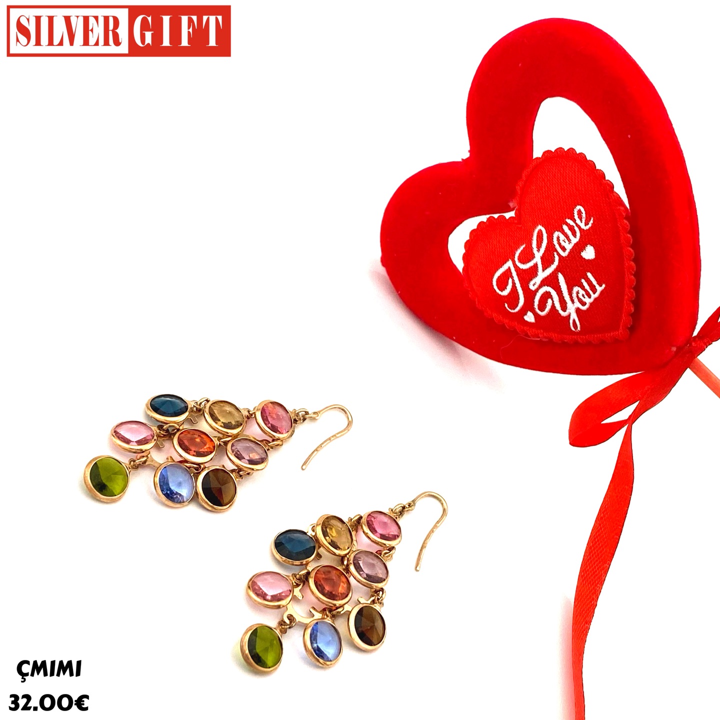 Vathë argjendi të varur me gurë shumëngjyrësh – SILVER GIFT