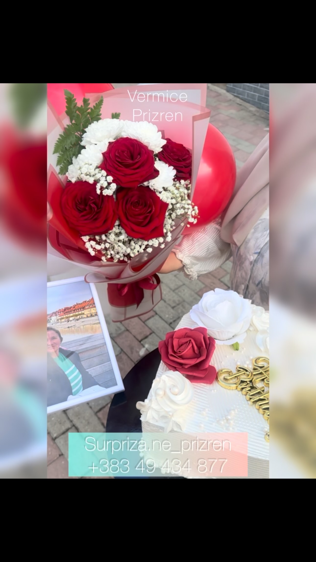 Buqetë me trëndafila të kuq dhe tortë për nënën – Surpriza në Prizren