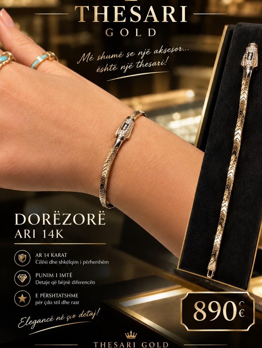 Dorëzore ari 14 karat për femra – "𝐓𝐇𝐄𝐒𝐀𝐑𝐈 𝐆𝐎𝐋𝐃 & 𝐉𝐄𝐖𝐄𝐋𝐋𝐄𝐑𝐘"