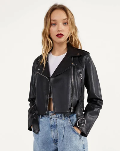 Jakne lëkure e zezë Bershka L