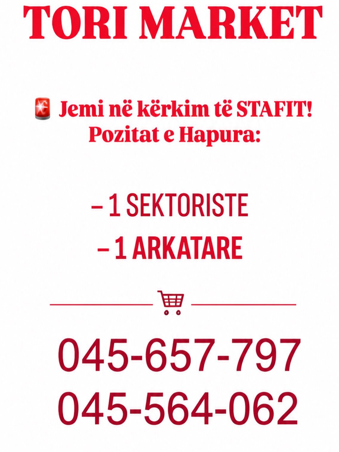 Njoftim pune për sektoriste dhe arkatare – Tori Market Lipjan