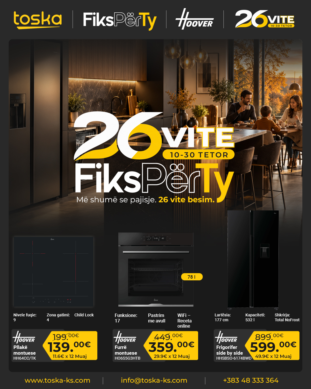 Pajisje kuzhine Hoover me pllakë, furrë dhe frigorifer – Toska Electronics