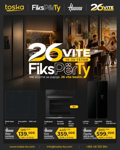 Pajisje kuzhine Hoover me pllakë, furrë dhe frigorifer