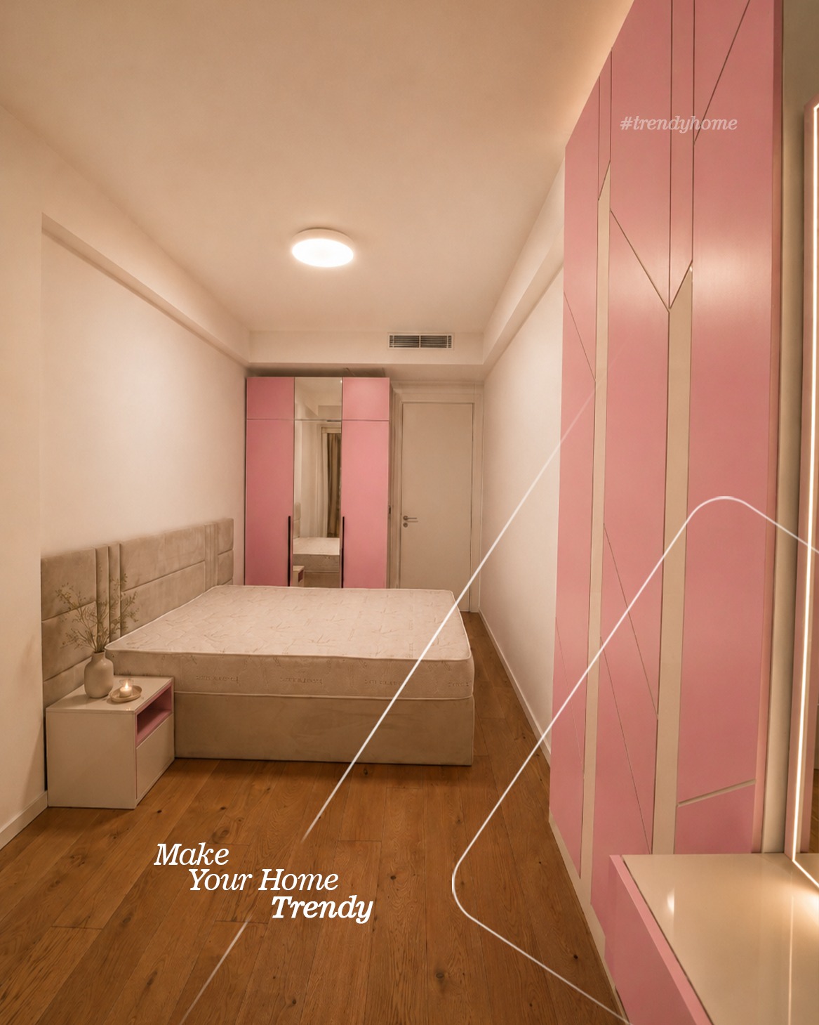 Dhomë gjumi rozë me pasqyrë dhe ndriçim – Trendy Home (2)