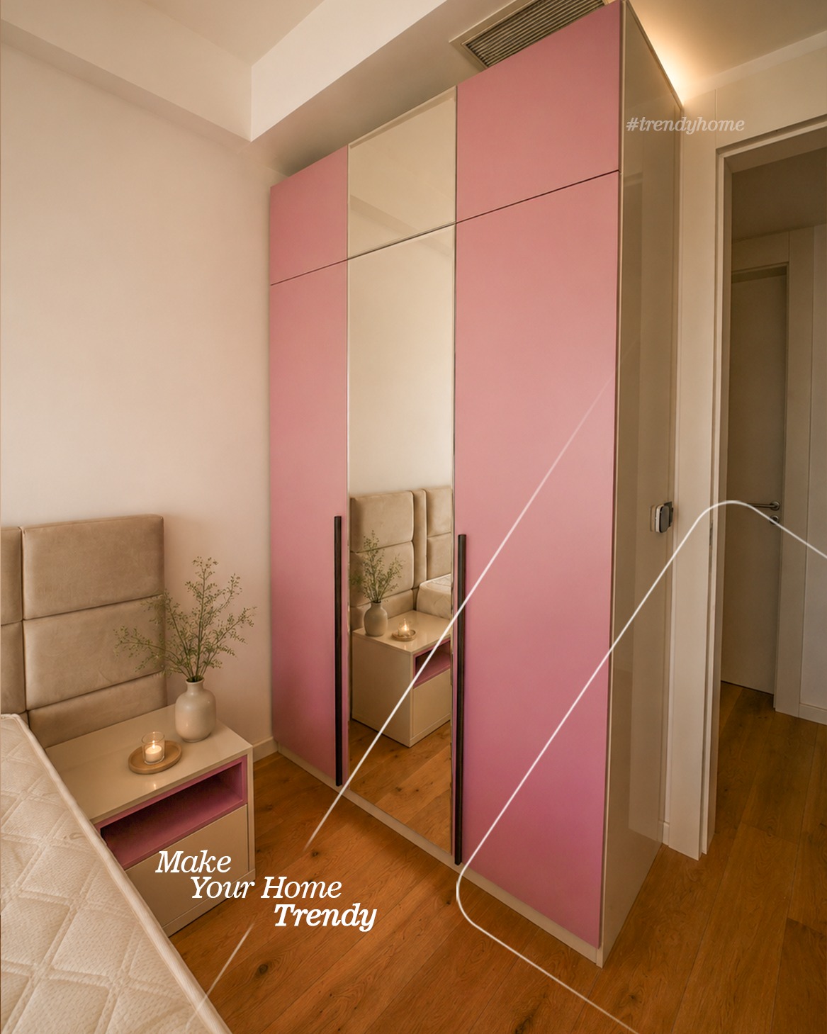 Dhomë gjumi rozë me pasqyrë dhe ndriçim – Trendy Home (3)