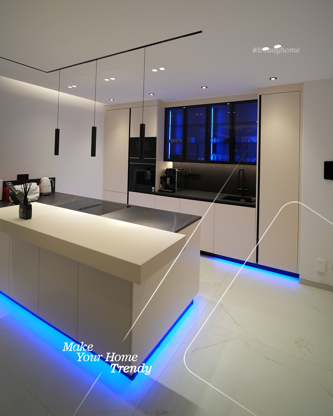 Kuzhinë moderne me ishull dhe ndriçim LED – Trendy Home