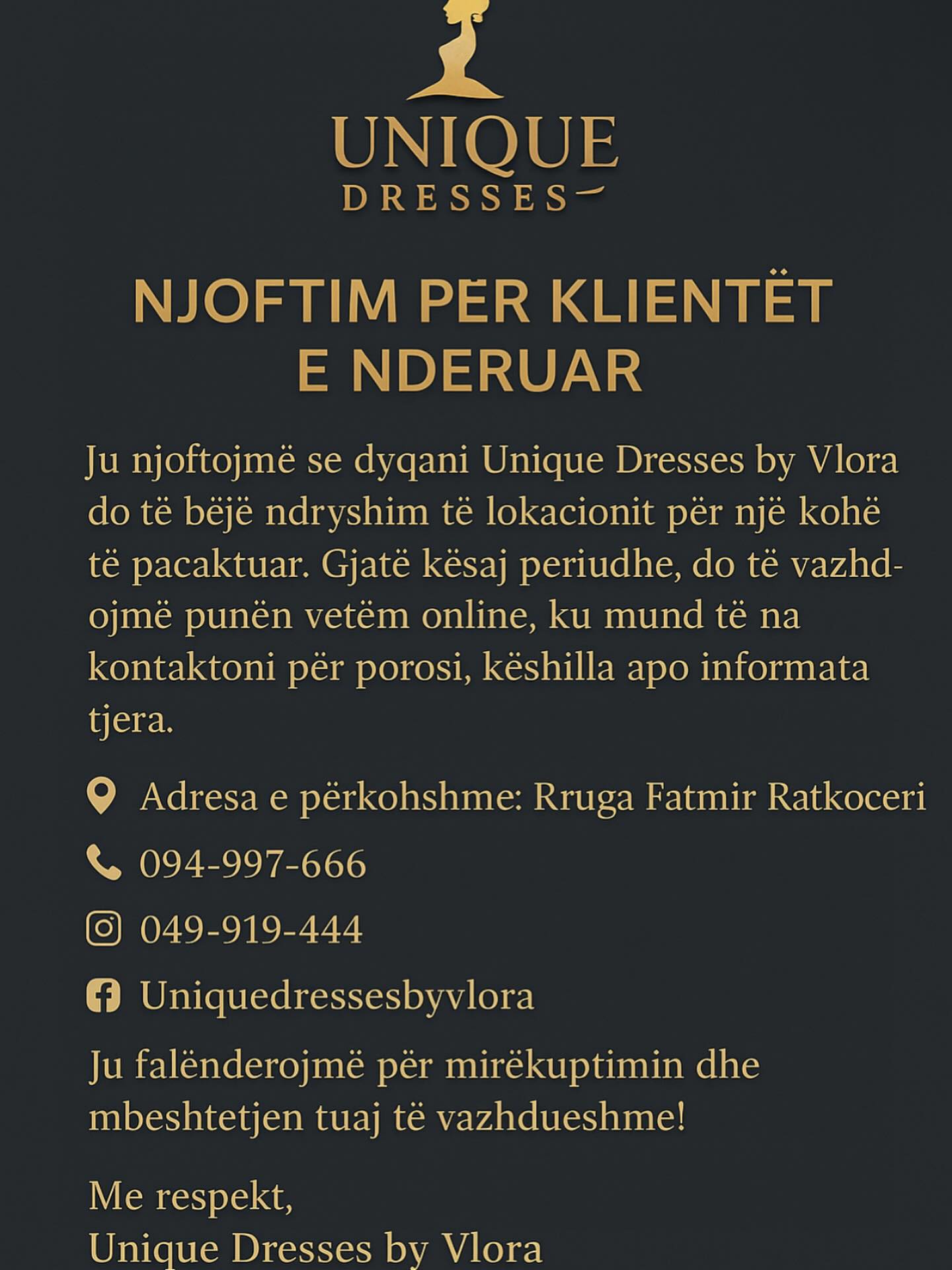 Njoftim për ndryshimin e lokacionit të dyqanit – Unique Dresses