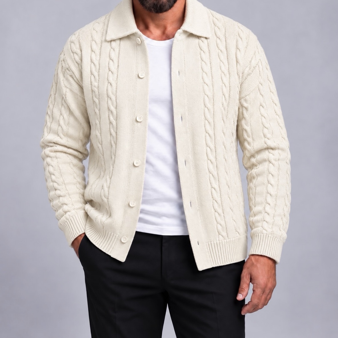 Xhaketë e thurur krem me kopsa për meshkuj – URBAN Clothing Store®️