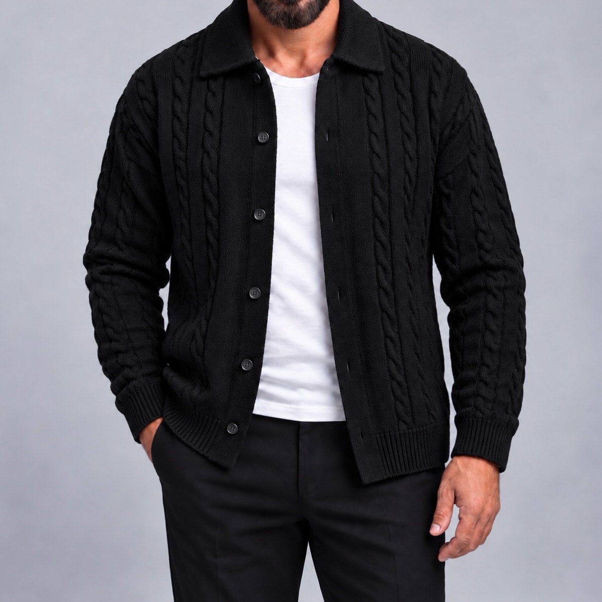 Xhaketë e thurur krem me kopsa për meshkuj – URBAN Clothing Store®️ (2)