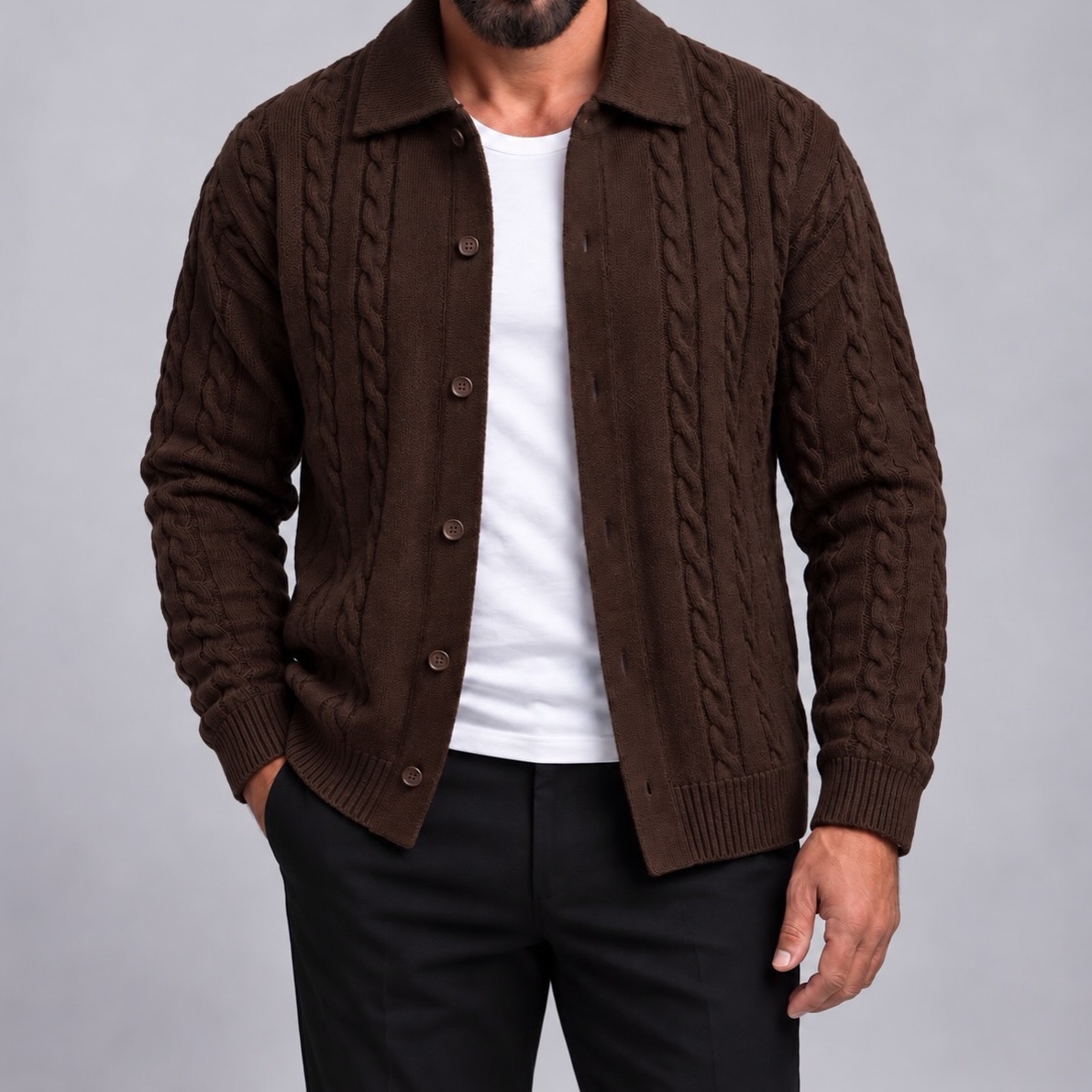 Xhaketë e thurur krem me kopsa për meshkuj – URBAN Clothing Store®️ (3)
