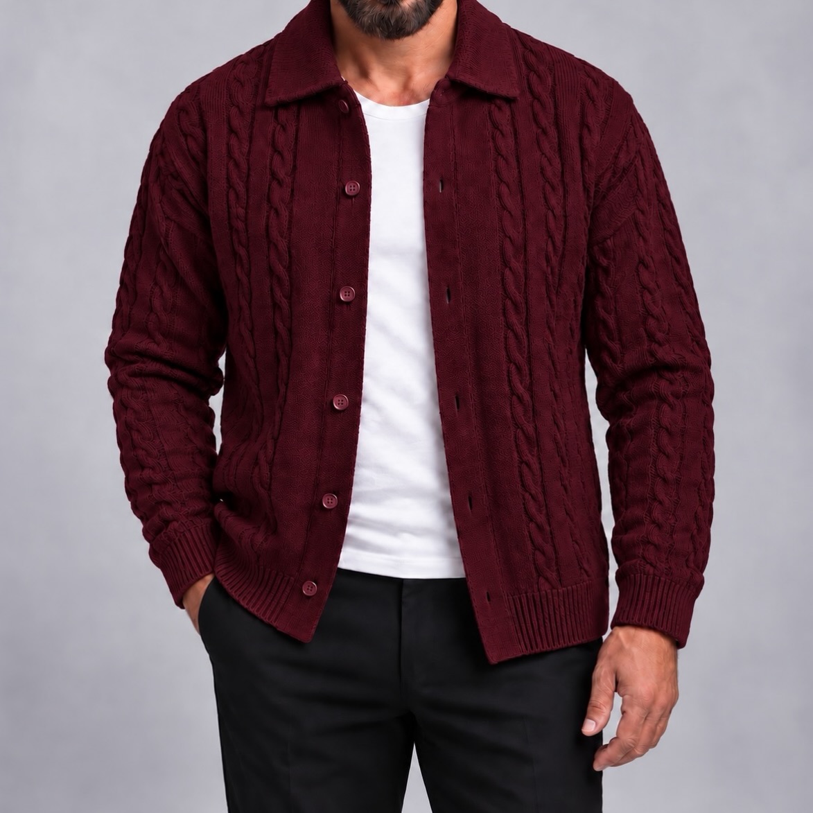 Xhaketë e thurur krem me kopsa për meshkuj – URBAN Clothing Store®️ (4)