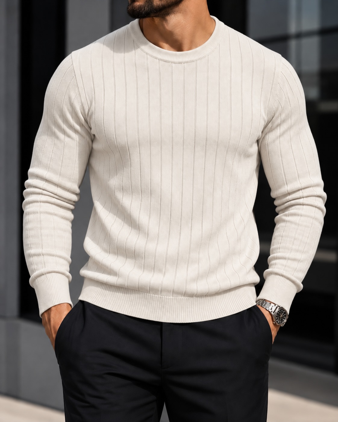 Pulovër krem me rrudha për meshkuj slim fit – URBAN Clothing Store®️