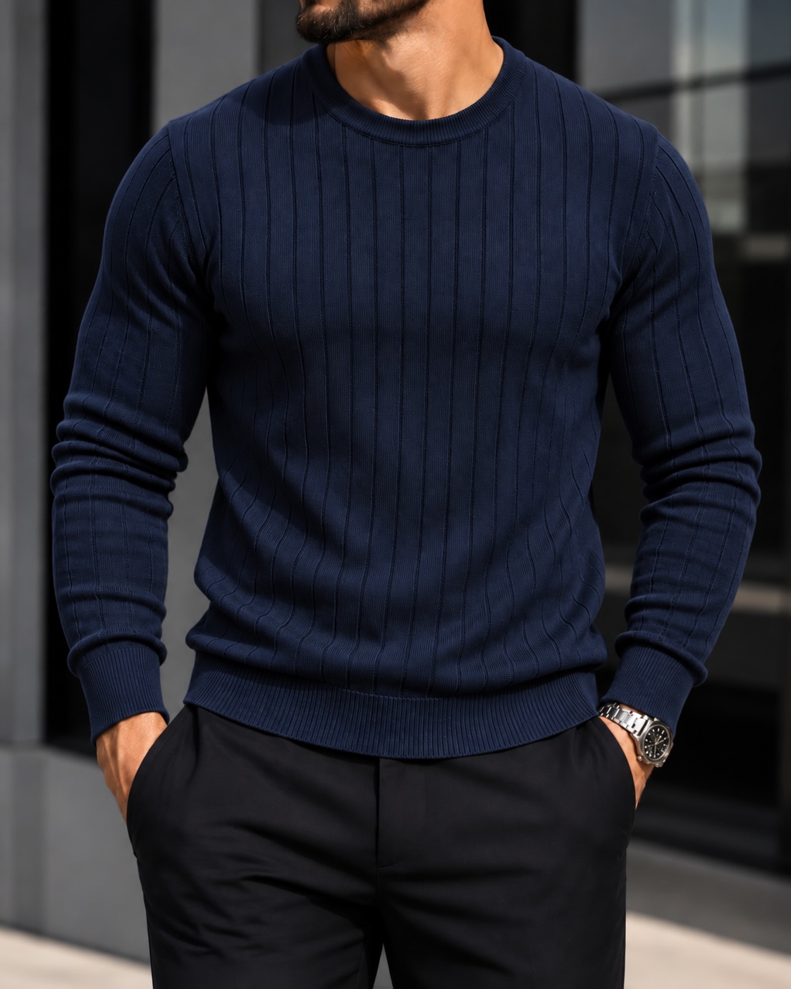 Pulovër krem me rrudha për meshkuj slim fit – URBAN Clothing Store®️ (2)