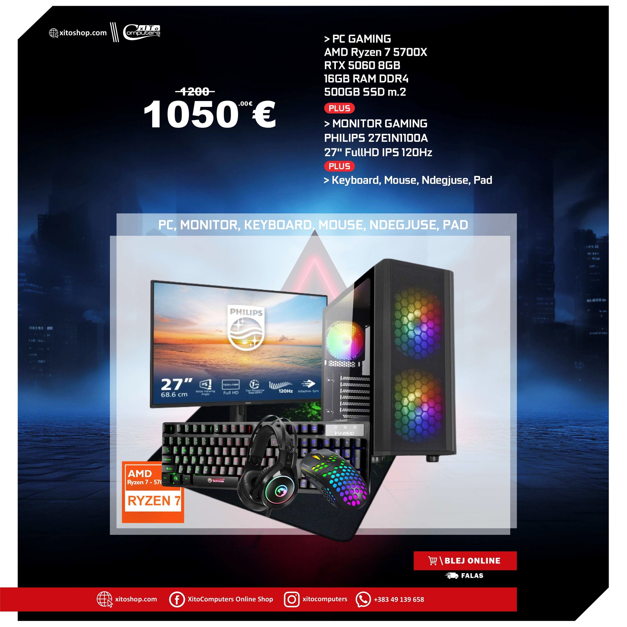 Set kompjuteri gaming Ryzen 7 RTX 5060 me monitor – XitoComputers Gjilan Kosove